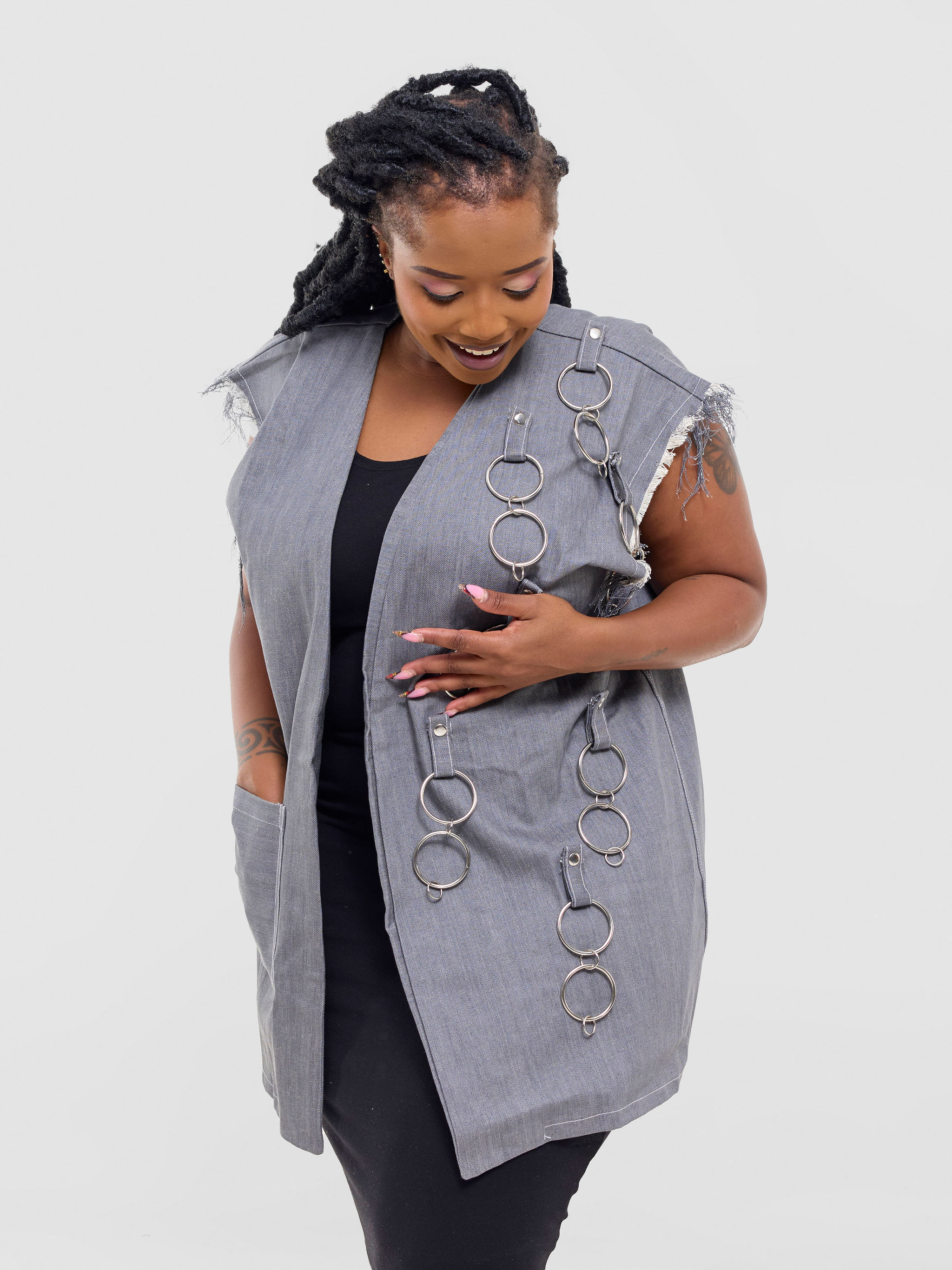 Loops & Rings Detail Denim Vest – Grey
